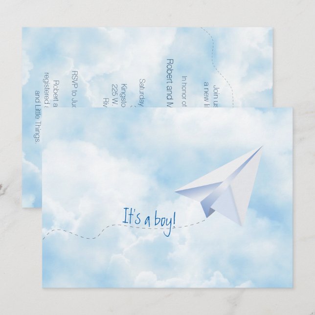 Invitación a Baby Shower de avión de papel (Anverso / Reverso)
