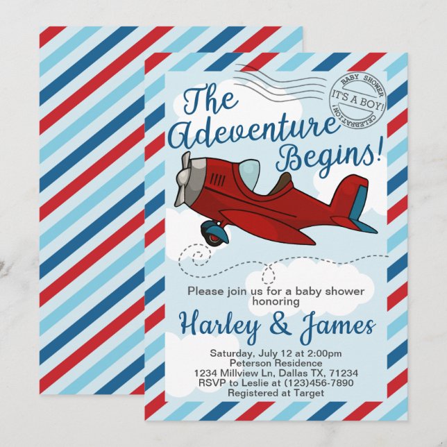Invitación a Baby Shower de avión de vintage (Anverso / Reverso)