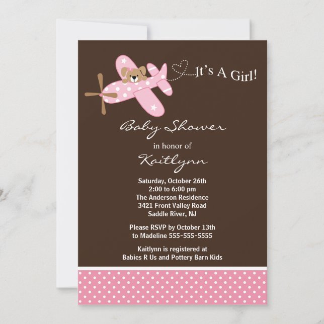 Invitación a Baby Shower de avión rosado (Anverso)