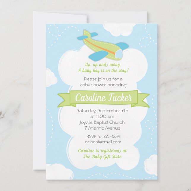 Invitación a Baby Shower de avión verde retro (Anverso)