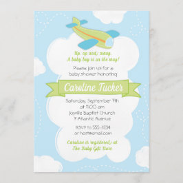 Invitación a Baby Shower de avión verde retro