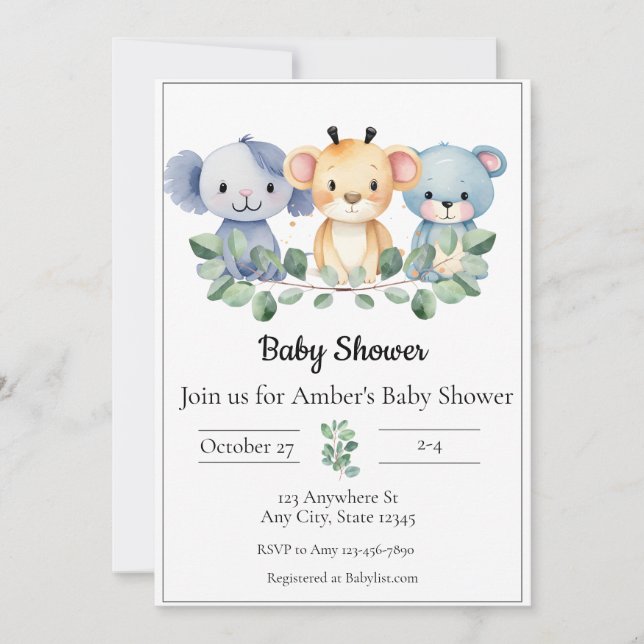 Invitación a Baby Shower de Baby Animal (Anverso)