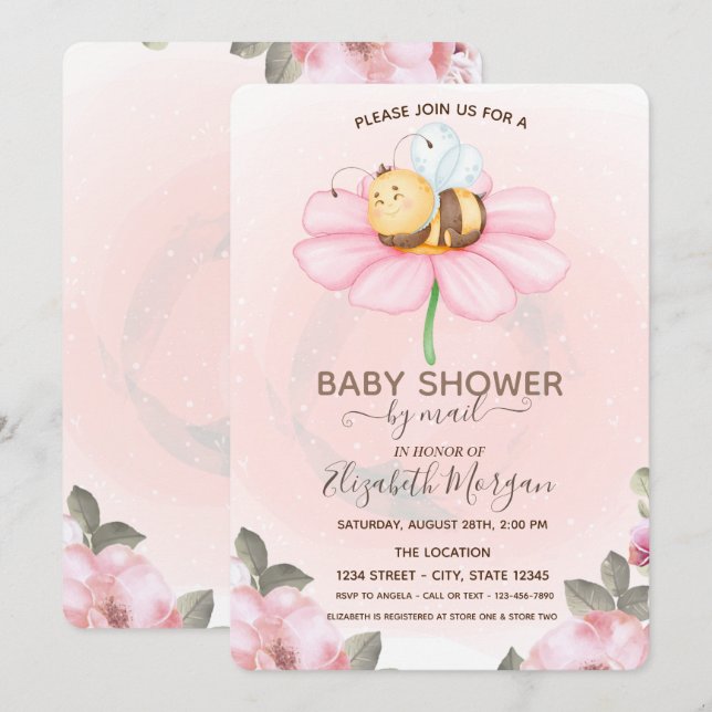 Invitación a Baby Shower de Baby Bee Floral (Anverso / Reverso)
