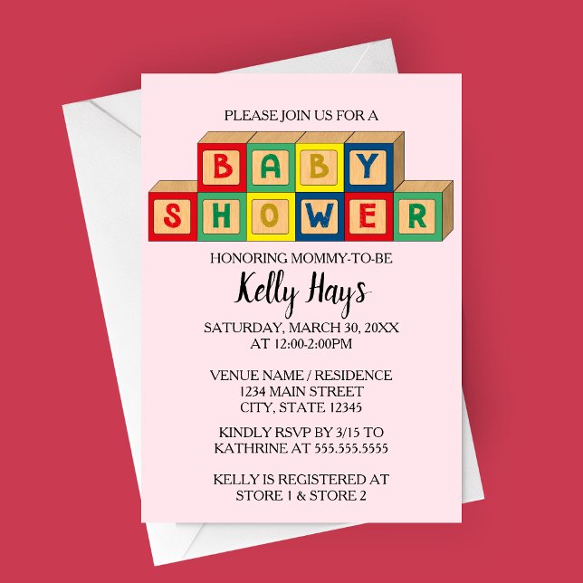 Invitación a Baby Shower de Baby Blocks (Baby Blocks Baby Shower Invitation with Light Pink Background )