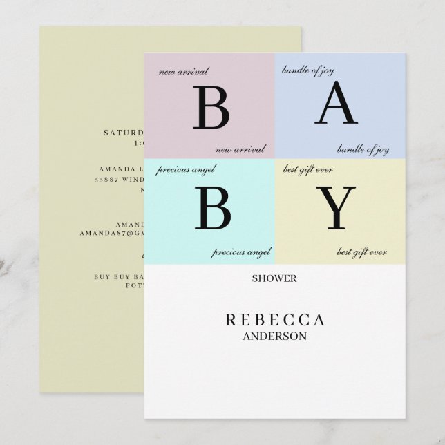 Invitación a Baby Shower de Baby Blocks Pastel (Anverso / Reverso)