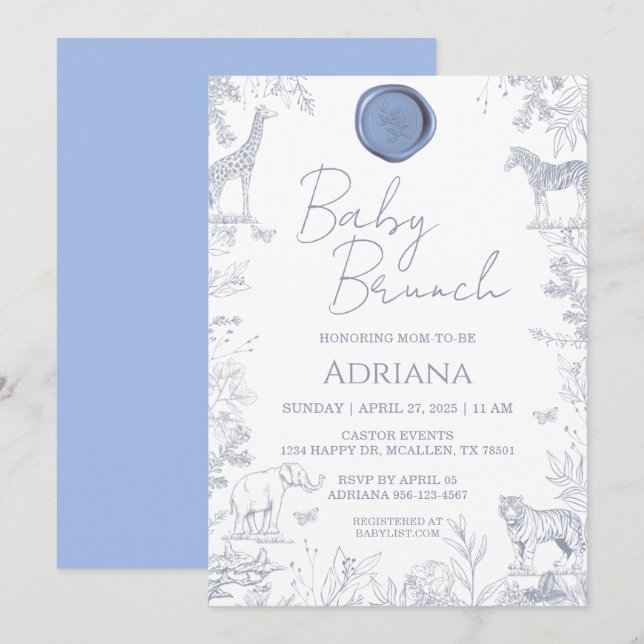 Invitación a Baby Shower de Baby Blue Floral & Ani (Anverso / Reverso)