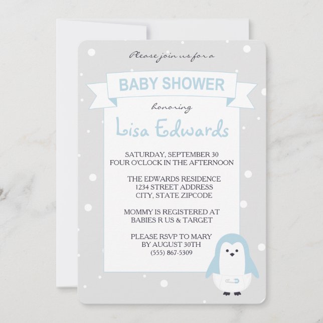 Invitación a Baby Shower de Baby Blue Penguin (Anverso)