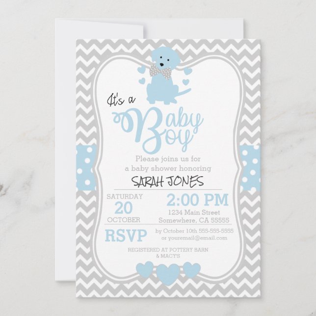 Invitación a Baby Shower de Baby Blue Puppy (Anverso)