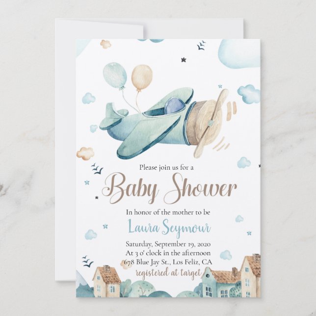 Invitación a Baby Shower de Baby Boy Airplane - Vi (Anverso)
