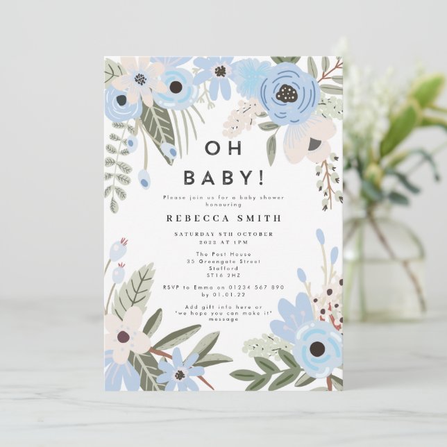 Invitación a Baby Shower de Baby Boy Blue Floral (Anverso de pie)