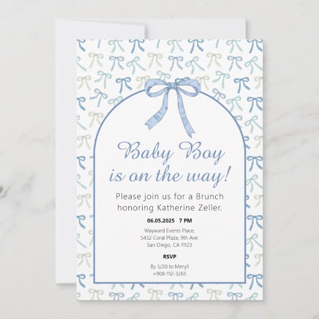 Invitación a Baby Shower de Baby Boy Blue Ribbon B (Anverso)