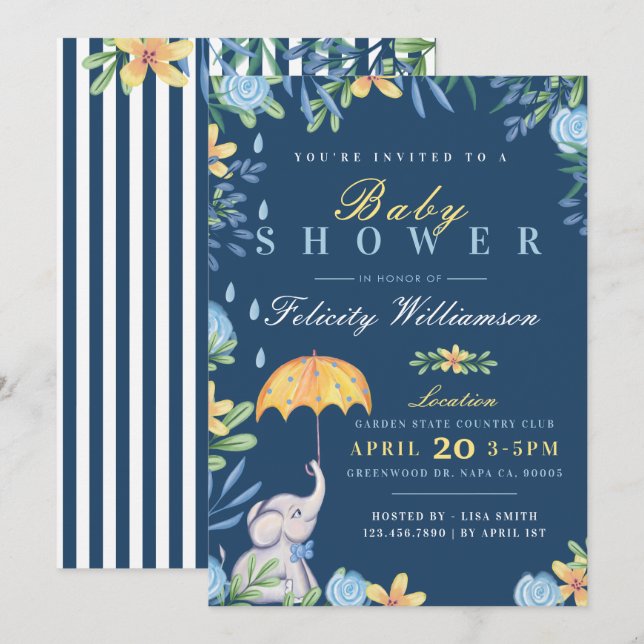 Invitación a Baby Shower de Baby Boy Elephant Umbr (Anverso / Reverso)