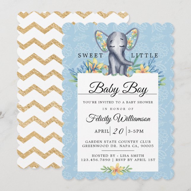 Invitación a Baby Shower de Baby Boy Floral Elepha (Anverso / Reverso)