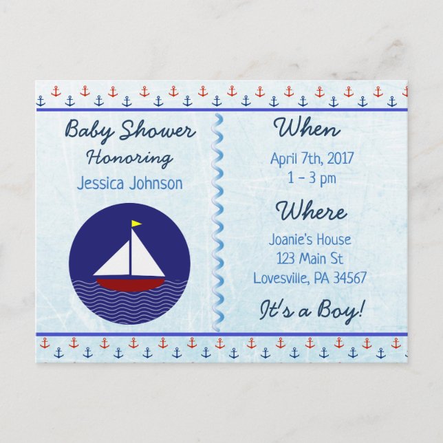 Invitación a Baby Shower de Baby Boy Sailboat Blue (Anverso)