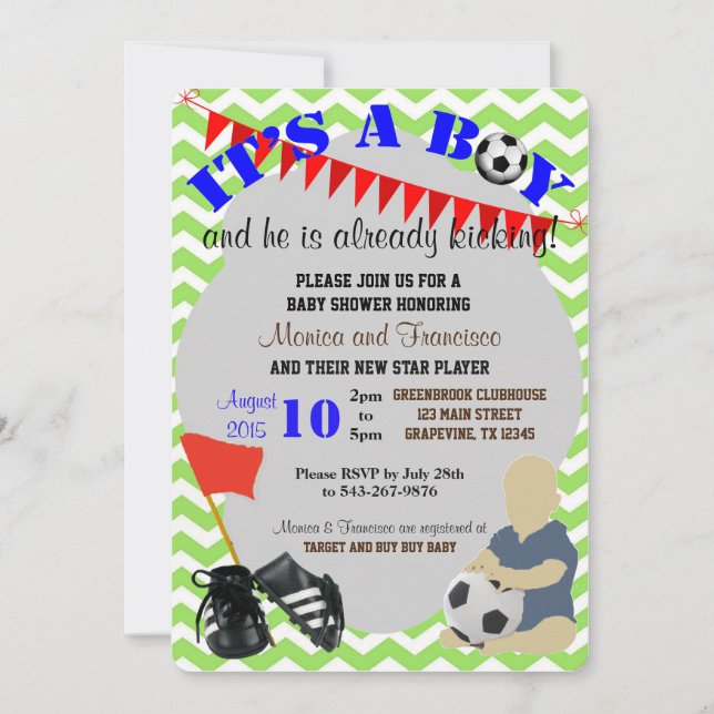 Invitación a Baby Shower de Baby Boy Soccer (Anverso)