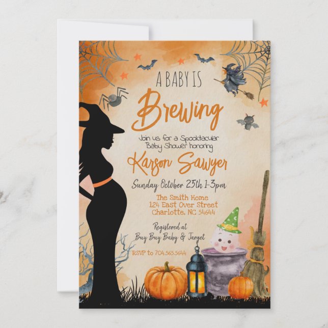 Invitación a Baby Shower de Baby Brewing Halloween (Anverso)