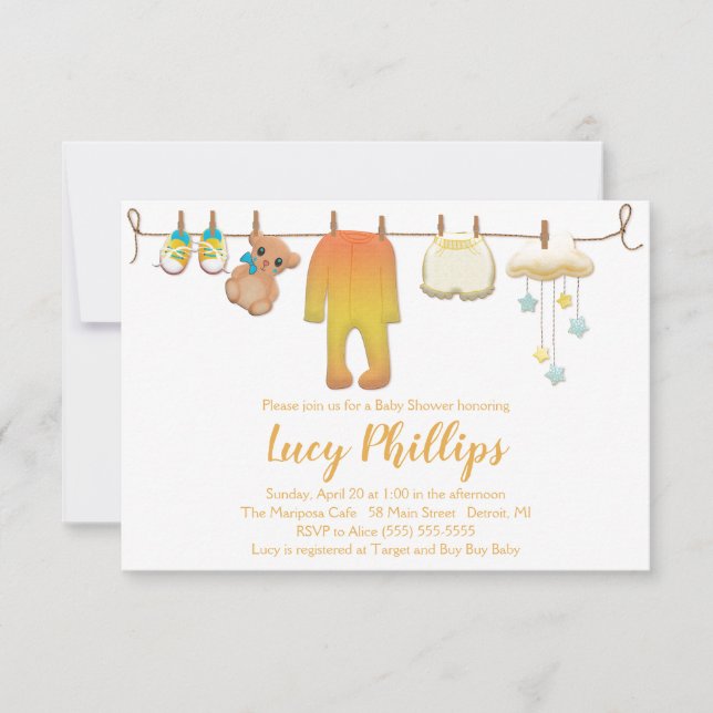 Invitación a Baby Shower de Baby Clothesline (Anverso)