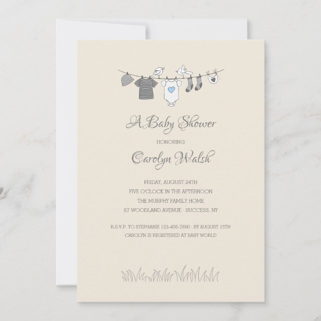Invitación a Baby Shower de Baby Clothesline Boy (Anverso)