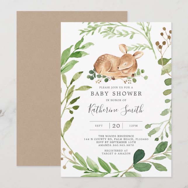 Invitación a Baby Shower de Baby Deer (Anverso / Reverso)