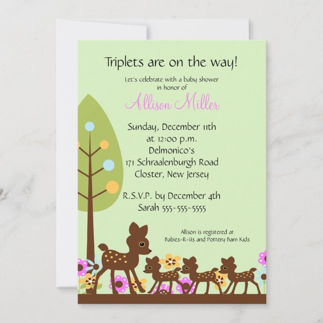 Invitación a Baby Shower de Baby Deer TRIPLETS (Anverso)