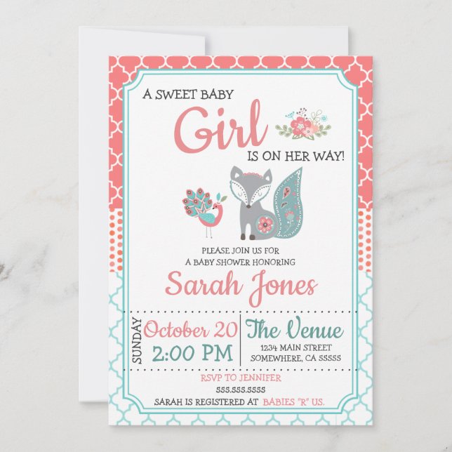 Invitación a Baby Shower de Baby Fox - Chica (Anverso)