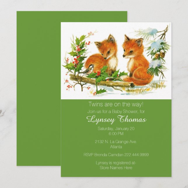 Invitación a Baby Shower de Baby Foxes Twins (Anverso / Reverso)