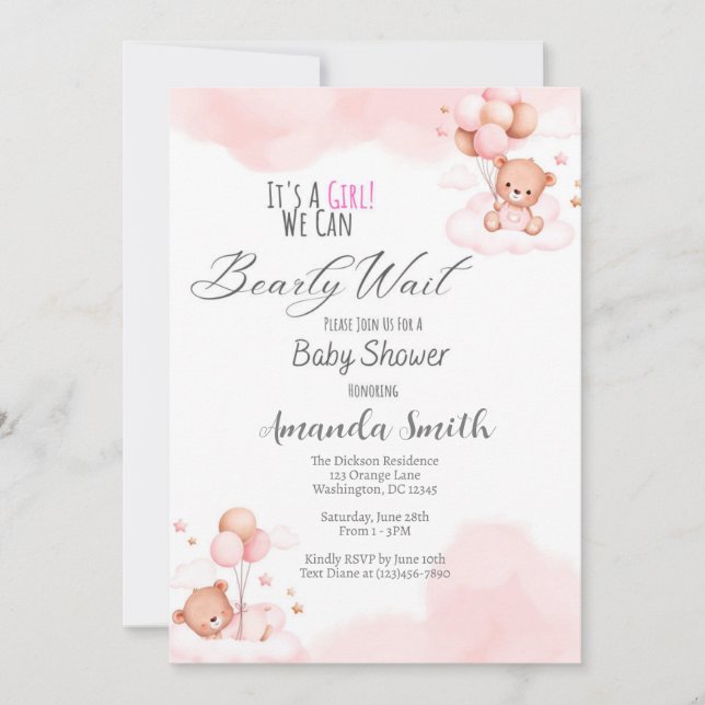 Invitación a Baby Shower de Baby Girl Bearly Wait (Anverso)