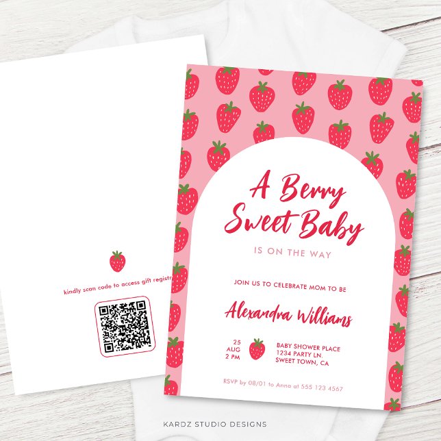 Invitación a Baby Shower de Baby Girl Berry Sweet (Image shows a 5 x 7 inch. invitation with a QR Code on backside. Personalize and choose style.)