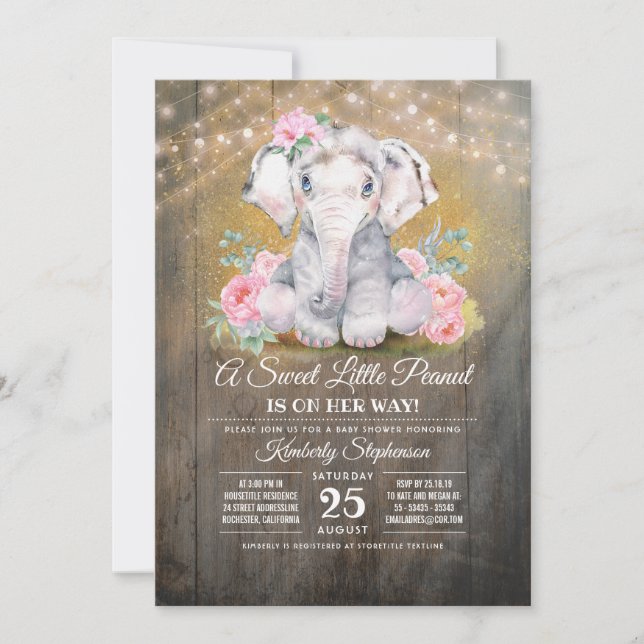Invitación a Baby Shower de Baby Girl Elephant Flo (Anverso)