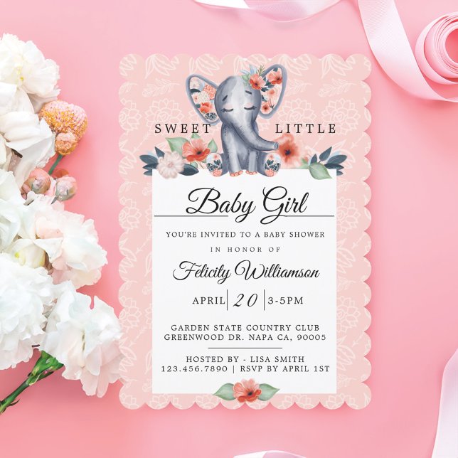 Invitación a Baby Shower de Baby Girl Floral Eleph (Baby Girl Floral Elephant Baby Shower Invitation)