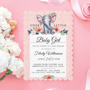 Invitación a Baby Shower de Baby Girl Floral Eleph