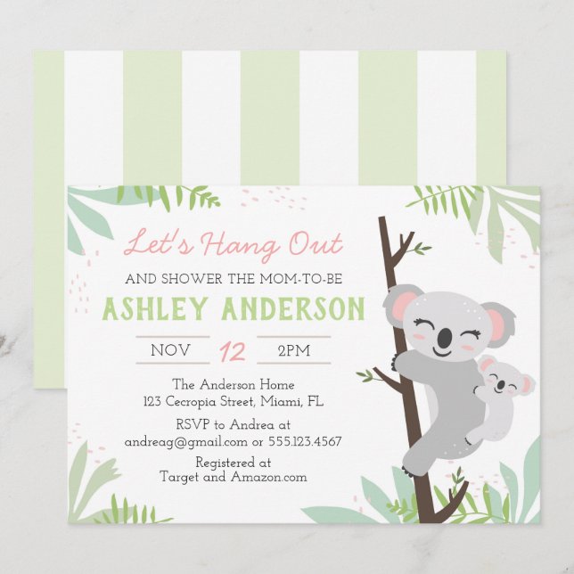 Invitación a Baby Shower de Baby Girl Koala (Anverso / Reverso)