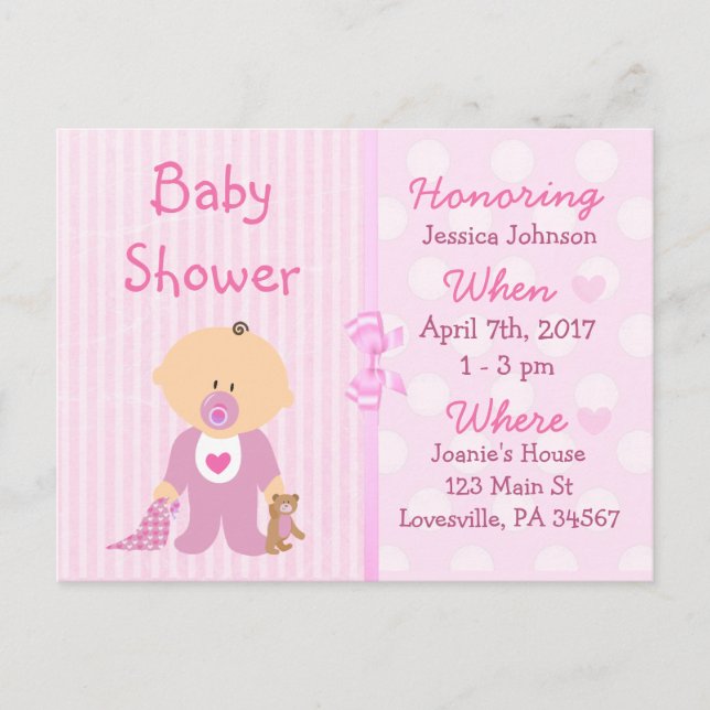 Invitación a Baby Shower de Baby Girl Pink Doll (Anverso)