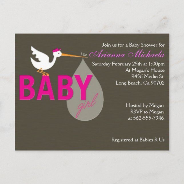 Invitación a Baby Shower de Baby Girl Stork (Anverso)
