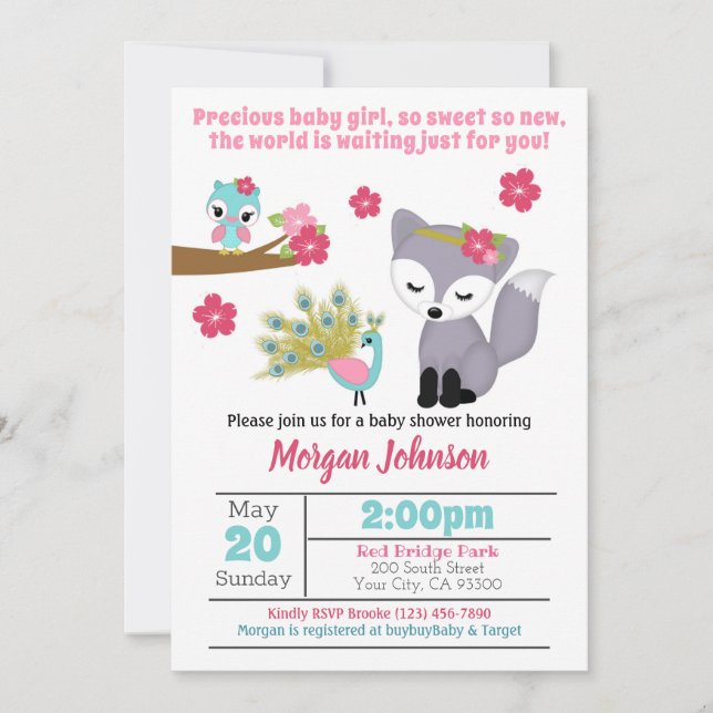 Invitación a Baby Shower de Baby Girls Pink Fox (Anverso)