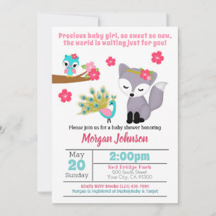 Invitación a Baby Shower de Baby Girls Pink Fox