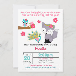 Invitación a Baby Shower de Baby Girls Pink Fox