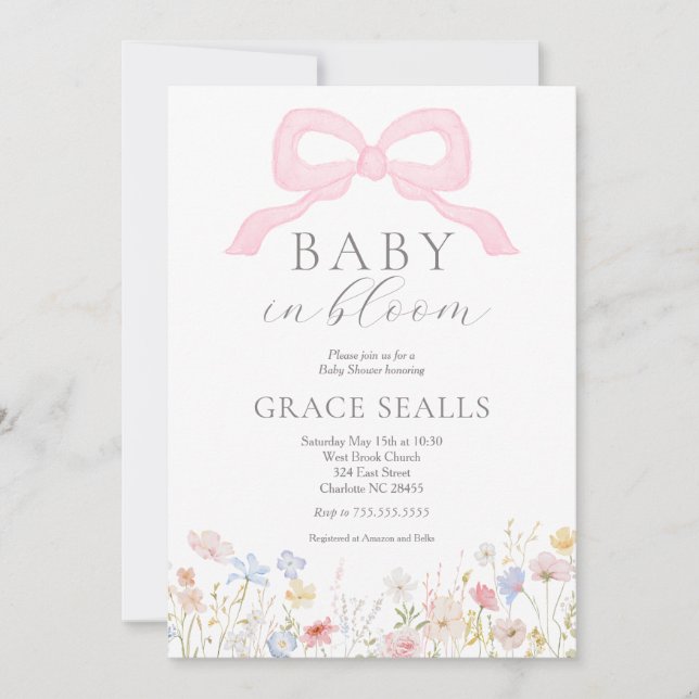 Invitación a Baby Shower de baby in Bloom bow (Anverso)