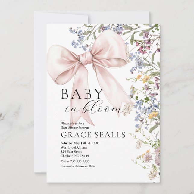 Invitación a Baby Shower de baby in Bloom bow (Anverso)
