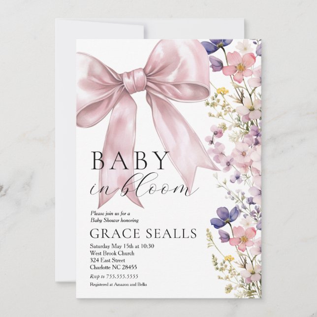 Invitación a Baby Shower de baby in Bloom bow (Anverso)