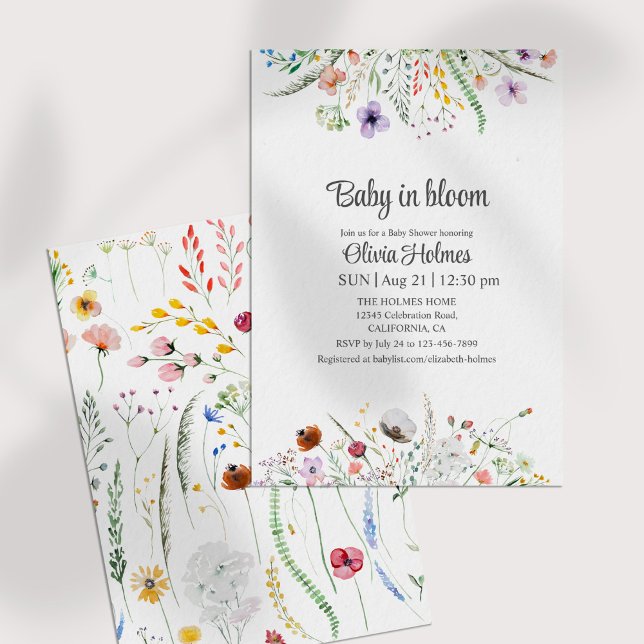 Invitación a Baby Shower de Baby in Bloom Wildflow (Baby in Bloom Wildflowers Baby Shower Invitation on a white table.)