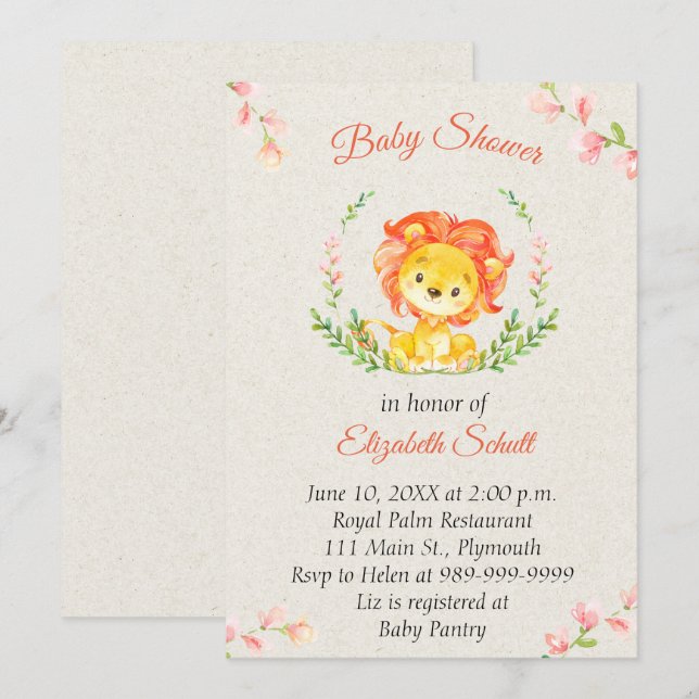 Invitación a Baby Shower de Baby Lion (Anverso / Reverso)