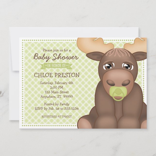 Invitación a Baby Shower de Baby Moose - Verde y M (Anverso)