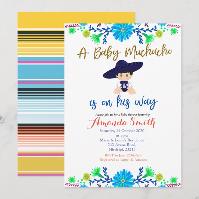 Invitación a Baby Shower de Baby Muchacho Fiesta (Anverso / Reverso)