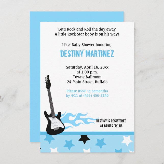 Invitación a Baby Shower de Baby Rock Star (Blue) (Anverso / Reverso)