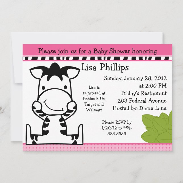 Invitación a Baby Shower de Baby Zebra Chica (Anverso)