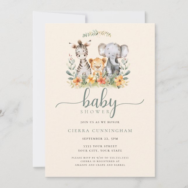 Invitación a Baby Shower de Baby Zoo Animal (Anverso)