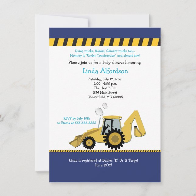 Invitación a Baby Shower de Backhoe de construcció (Anverso)