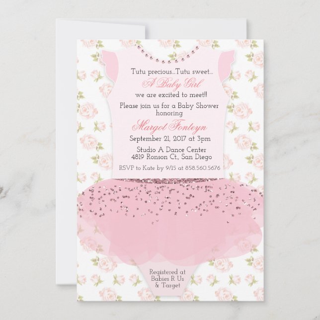 Invitación a baby shower de bailarina con tutú (Anverso)
