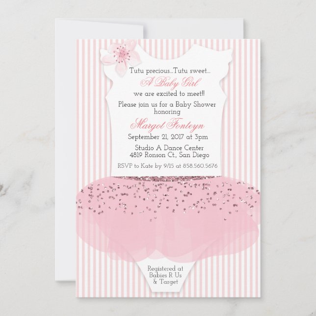 Invitación a baby shower de bailarina con tutú (Anverso)